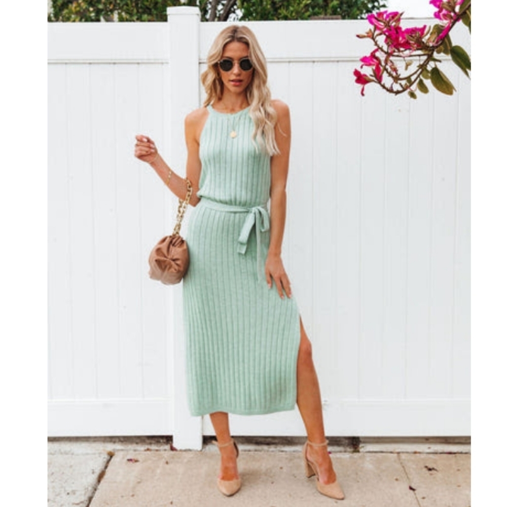 Vici Pistachio Ribbed Knit Midi Dress